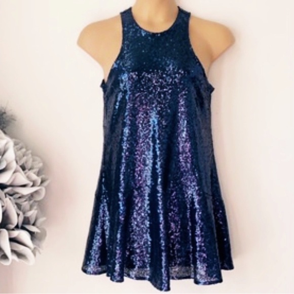 FREE PEOPLE Sleeveless Blue Liquid Shine Sequin Mini Dress S - Picture 3 of 13
